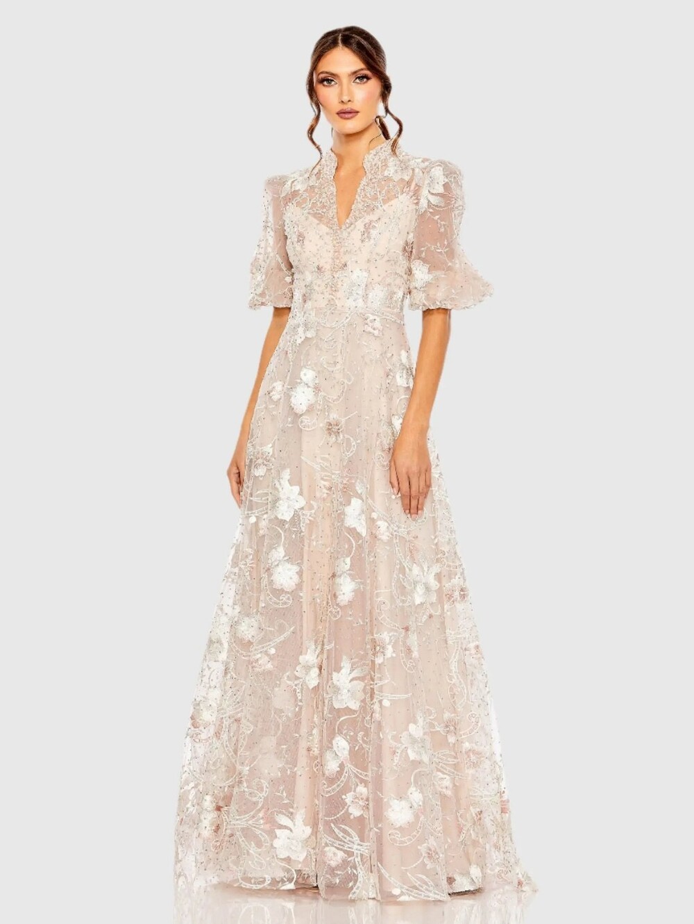 NWT Mac Duggal Size 16 Blush Queen Anne Puff Sleeve Embroidered A-Line Gown